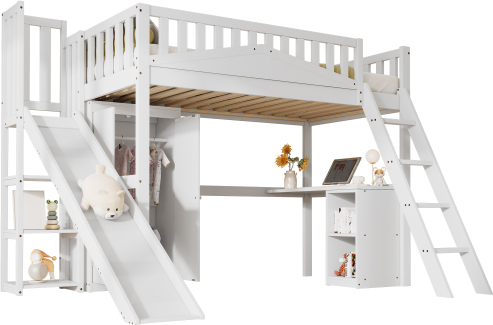 Etagenbett 90x200cm Kinderbett (Ohne Matratze) Weiss Kiefer MDF Mit Fallschutzgitter Tisch und Schrank Viel Stauraum Vierstufige Leiter