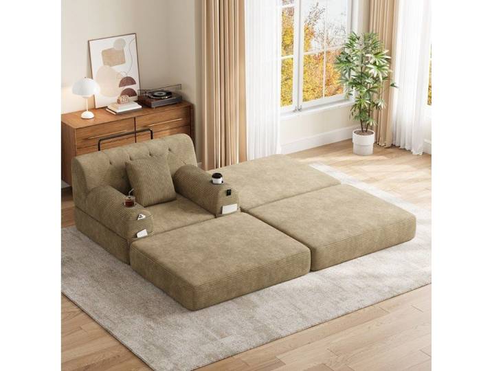 WOVREO Fauteuil-lit 1 place compressé en Corduroy dossier haut cadre métal kaki
