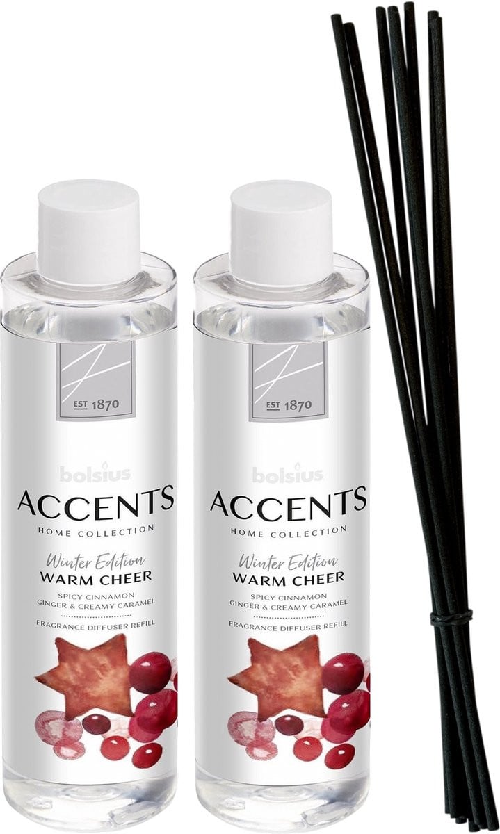 Bolsius Accents Navulling Voor Geurstokjes Warm Cheer - 2 x 200 ml inclusief 8 Fiber Geurstokjes