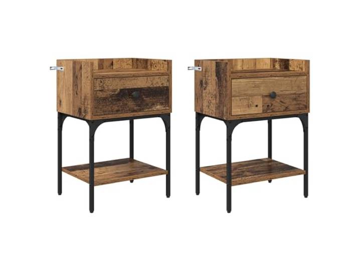 LMTYOENFG Nachttisch 2er Set 40x29x60 cm Beistelltisch Altholz-Optik Praktisches 2er-Set für Schlafzimmer oder Wohnbereich mit Schublade und offenen Ablagen auf mattschwarzem Stahlgestell.