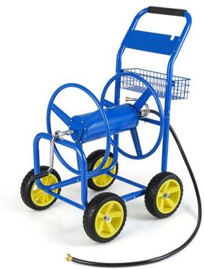 Costway Garden Hose Reel Cart Metal Hose Cart with 4 Wheels and Storage Basket-Blue