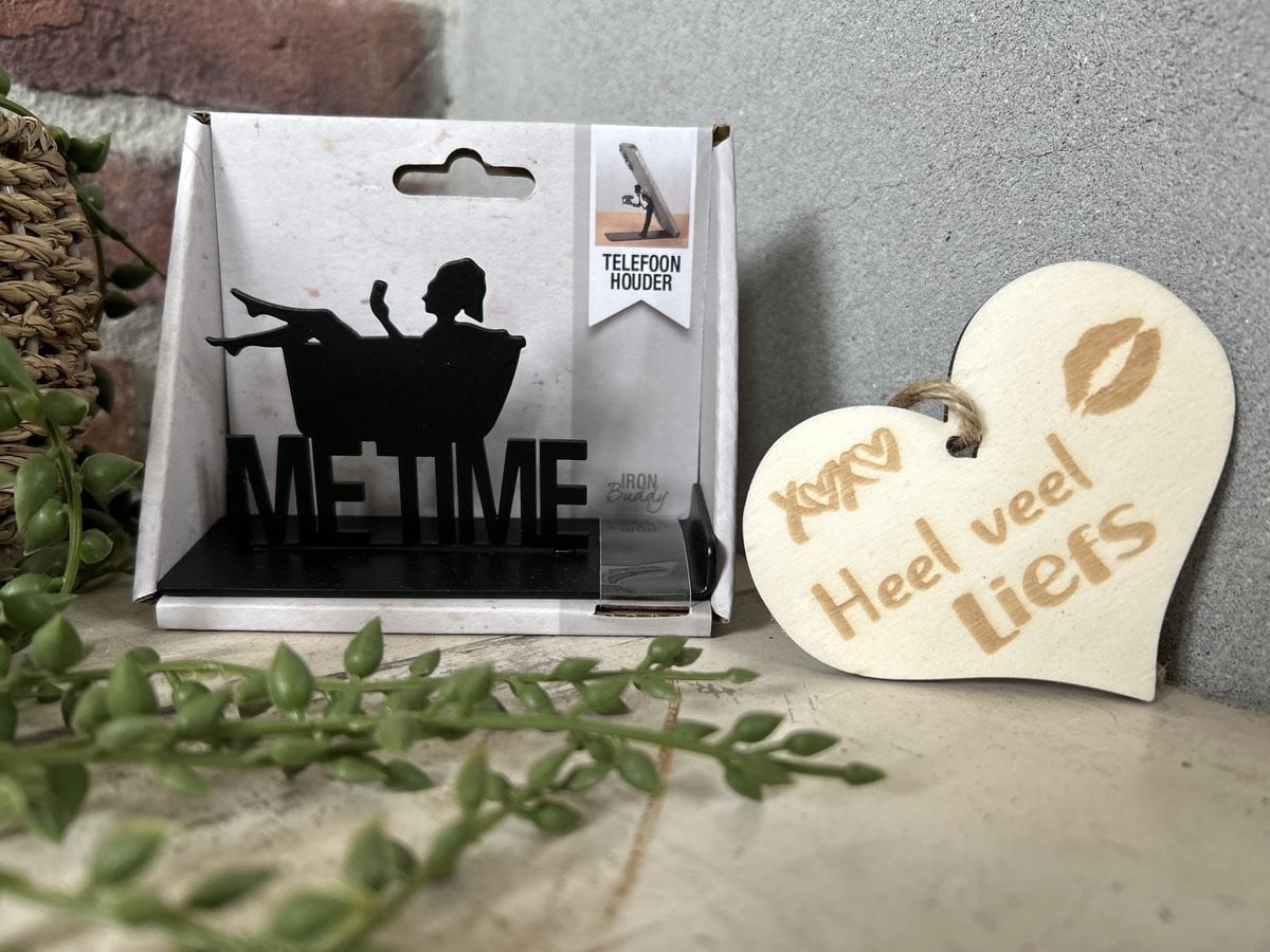 Creaties van Hier Telefoonhouder met houten hartje van metaal