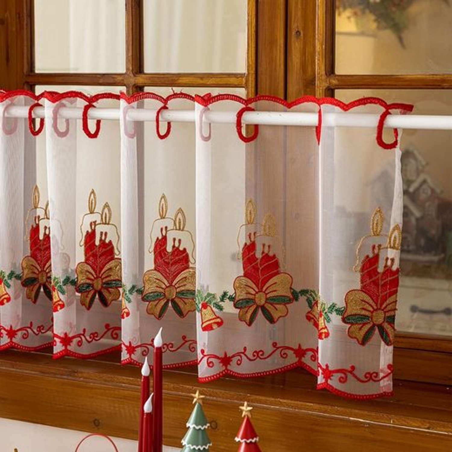 Set van 2 transparante geborduurde keukengordijnen met kerstthema