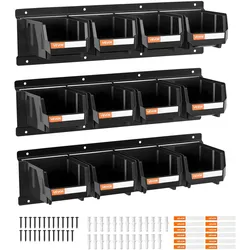 VEVOR Stapelboxen Wandmontage, 137x105x75mm (12er-Pack) & 3 Metallschienen, Sichtlagerboxen für Schrauben, Muttern, Bolzen, Nägel, Werkzeug-Organizer für Werkstatt, Bastelraum, Garage, Schwarz