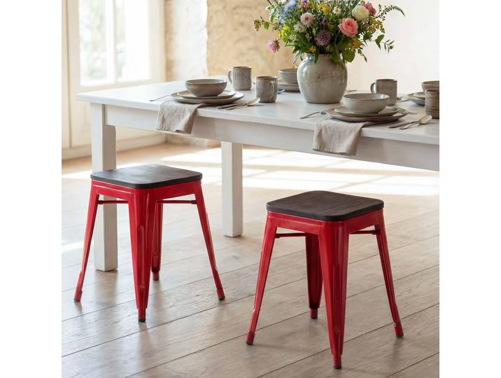 2er-Set Hocker HWC-A73 inkl. Holz-Sitzfläche, Metallhocker Sitzhocker, Metall Industriedesign stapelbar Rot