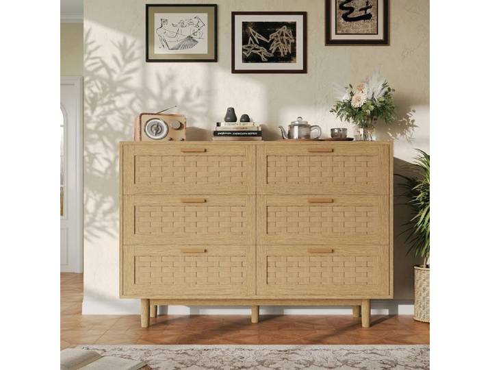 Commode Chambre Armoire avec 6 tiroirs décorés en rotin synthétique Meuble de Rangement avec Pieds en Bois Entrée Chambre d‘enfant
