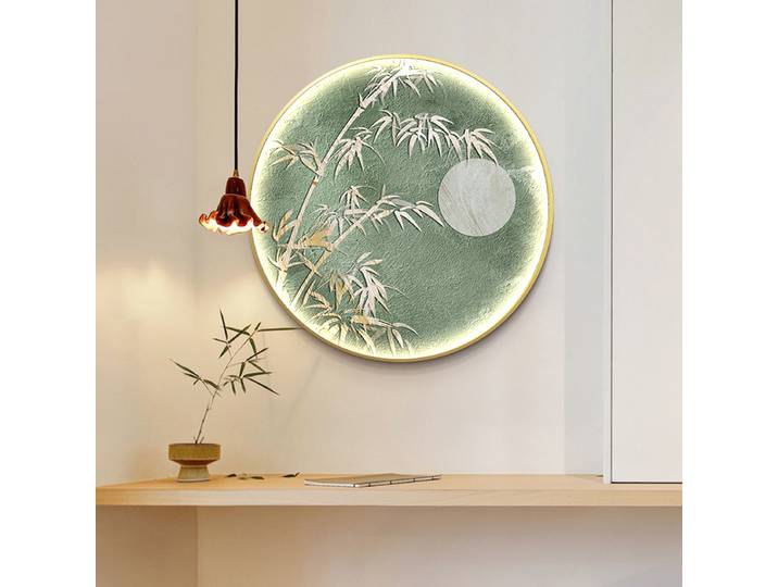 Peinture décorative haut de gamme de Style chinois, circulaire en bambou avec lampe suspendue pour salle d'entrée, lampe murale d'étude, nouvelle collection