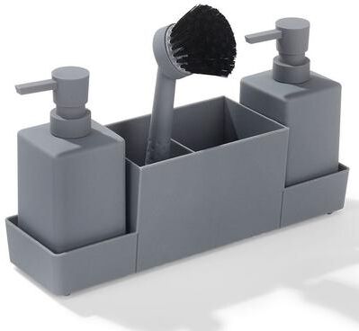 Discount Dollar Deals Kitchen Soap Dispenser With Sponge Holder Set Matte Black Sink Caddy For Dishwashing, Hand Washing Brush Tray grey
