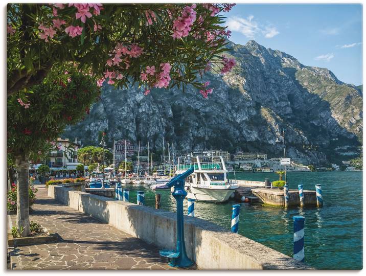 Leinwandbild ARTLAND Gardasee Hafen Limone sul Garda I , blau (farbe bild(er): blau), B:80cm H:60cm, Bilder, Leinwandbild, auf Holzrahmen gespannt