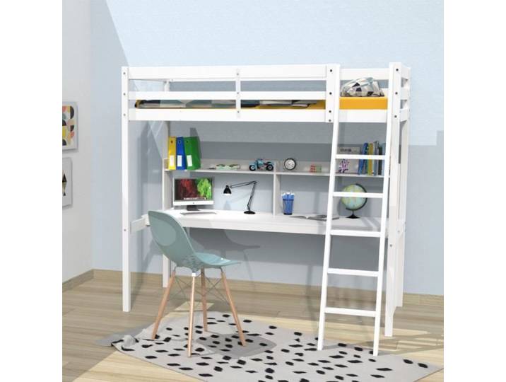 Lit mezzanine STUDIO 90x190 + 1 sommier + bureau + étagère / Blanc
