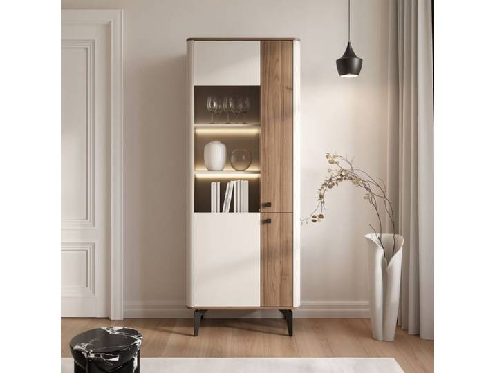 Vitrine Haute BELLAGIO - 2 portes - 73x40x190 cm - 11 compartiments - Cachemire/Noyer