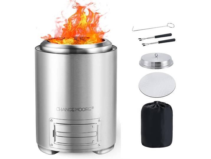 Brasero de table sans fumée CHANGE MOORE, en acier inoxydable, rond, alimenté au bois ou aux granulés, contrôle de l'intensité de la flamme, avec valve