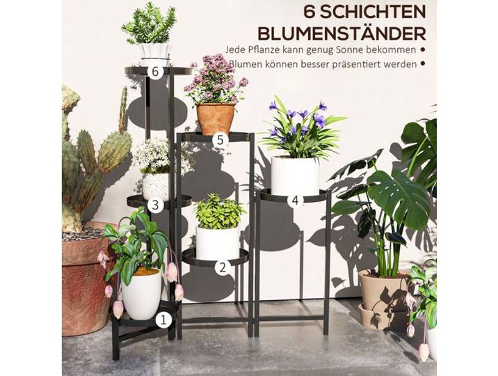 Porte-plantes 6 étages pliable en métal noir 60 x 40 x 80 cm intérieur extérieur
