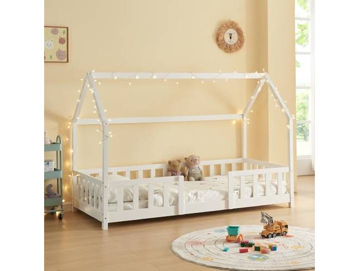[en.casa] Kinderbett Sisimiut 90x200 cm Weiß Hausbett, Montessori Bett, mit Rausfallschutz, Holzbett für Kinder, Bodenbett, Bettgestell mit Lattenrost, Kiefernholz