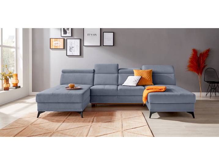 Wohnlandschaft, Webstoff, Blaugrau, 296×173 cm, U-Form, Kopfteilverstellung & Bettfunktion, Modern, Inosign