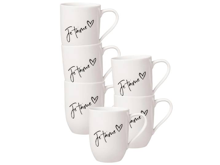 Becher VILLEROY & BOCH Becher mit Henkel 'Je t'aime' Becher Liebe Statement 290 ml 6er Set weiß , weiß, 6 tlg., Porzellan, Trinkgefäße, Becher