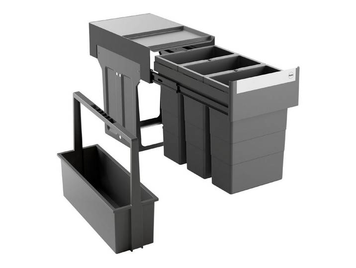 Hailo Einbaumülleimer Abfallsammler AS Tandem Dunkelgrau + Tragekorb Carry2, Mültrennsystem Fassungsvermögen (3x Inneneimer), 8L/8L/8L