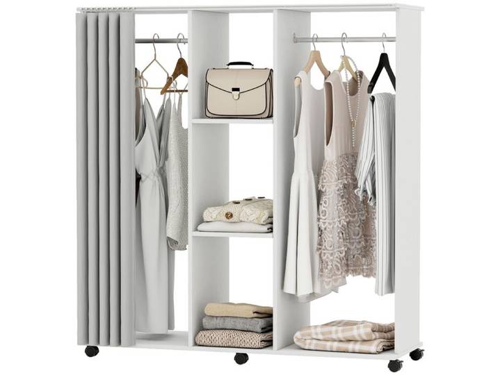 LIA Armoire penderie Meuble de Rangement Mobile 6 roulettes 120L x 40l x 128H cm en bois blanc