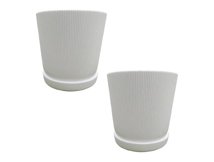 Relaxdays Pot de Fleurs\, Set de 2\, Pot avec Soucoupe\, Motif rayé\, H x P : 20 x 20 cm\, Pot à Herbes\, Plastique\, Blanc