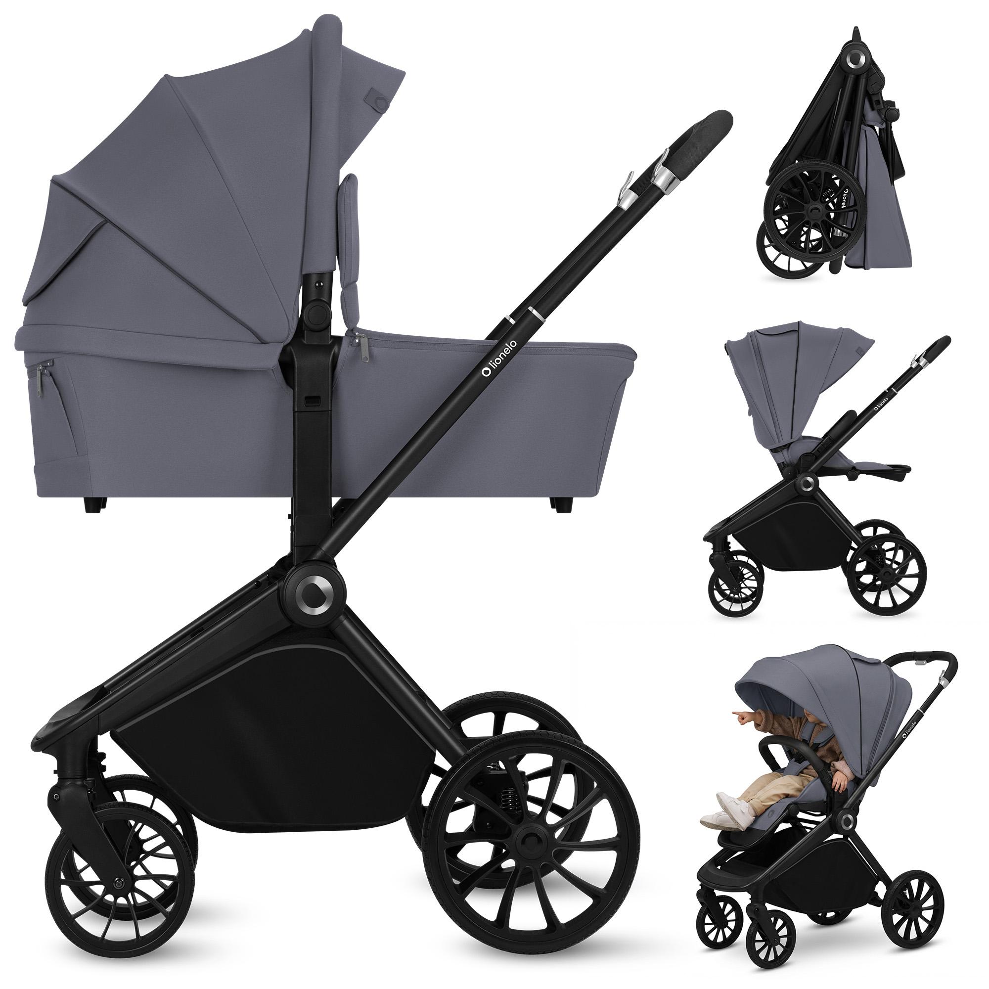 Lionelo Kombikinderwagen Mika Plus 2in1 bis 38 Monate (22kg), XXL-Verdeck mit UPF50+, 3-stufige Verstellung des Elterngriffs - Grey Stone