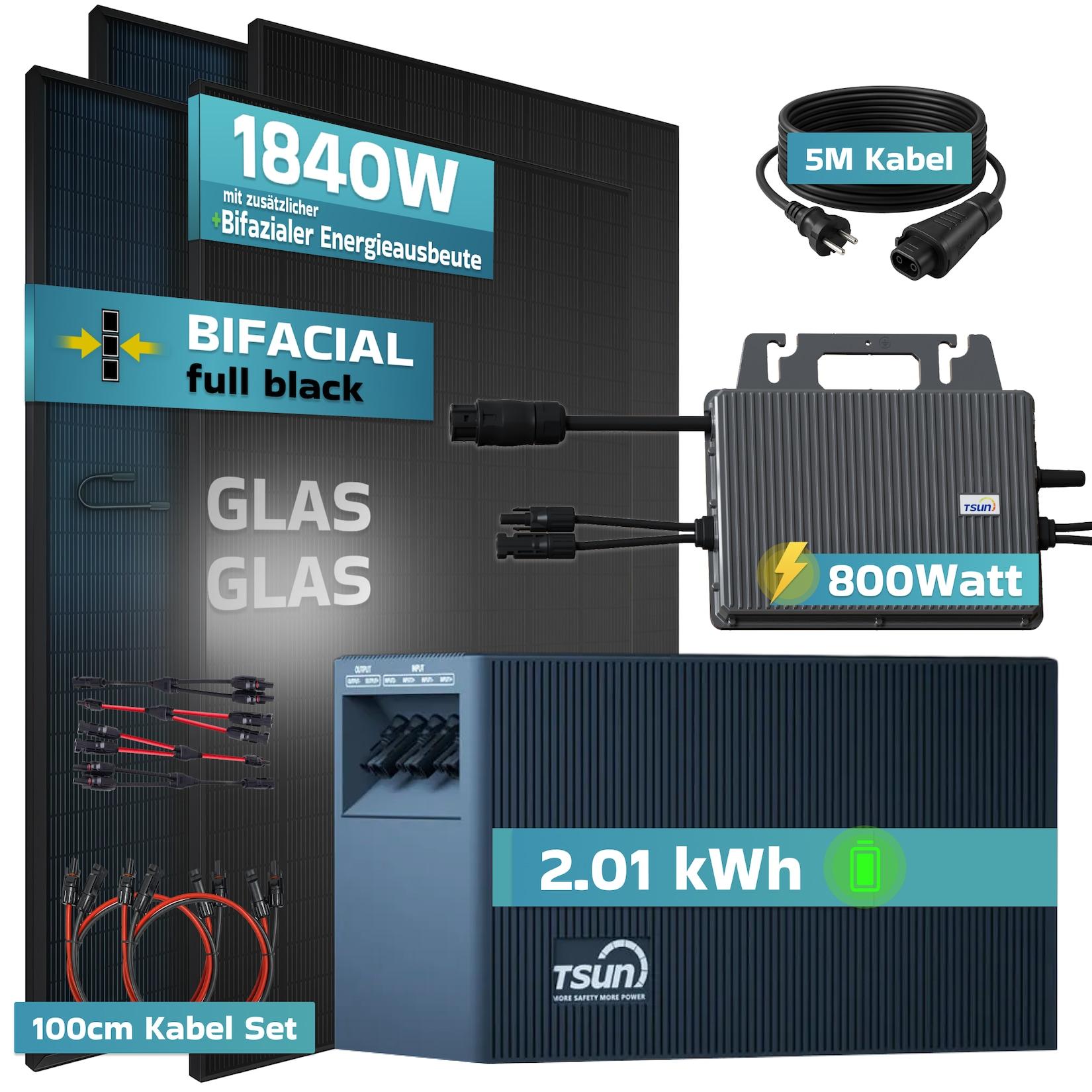 SUNNIVA® 1840W Balkonkraftwerk mit 2,01 kWh Speicher TSUN SOLARCAN TSOL-DCU2000Lite, BIFAZIAL FULLBLACK komplett Steckdose, PV Solaranlage Komplettset mit Solarspeicher, 4x 460W Glas-Glas Bifacial