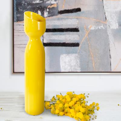 Allan Andrews Contemporary Glossy Yellow Slanted Top Ceramic Vase