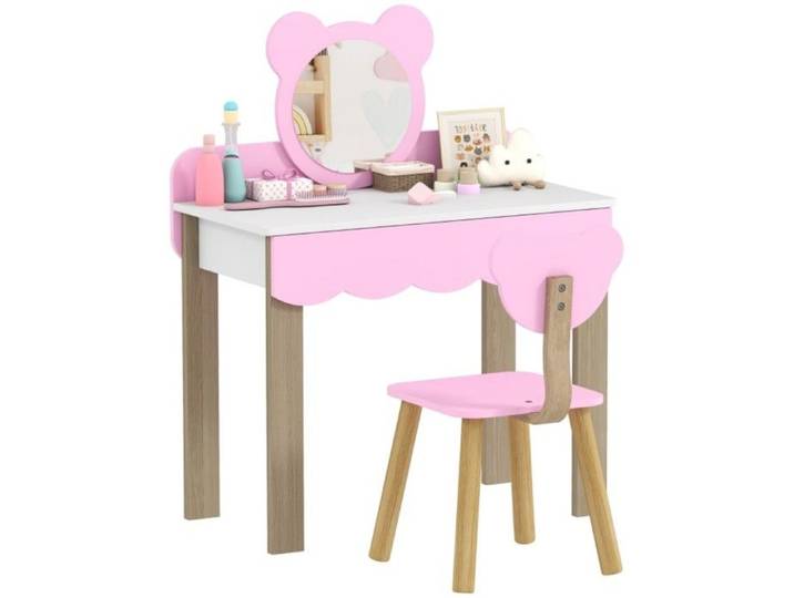 Coiffeuse enfant rose ours avec miroir tabouret et tiroir - Idée cadeau pour petite fille - Meuble chambre en MDF