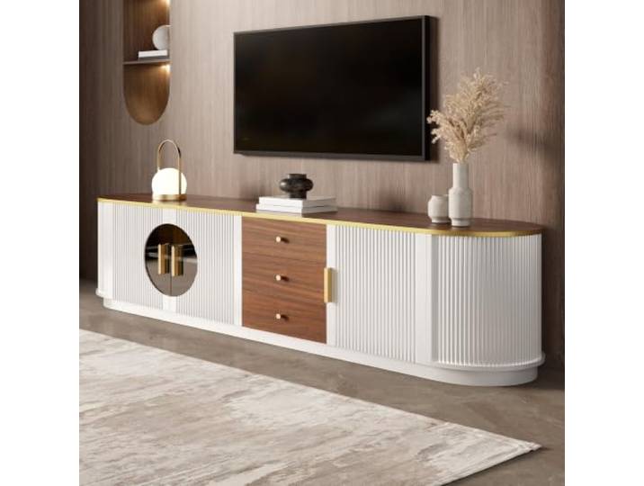 BXEYXE Luxusstil TV-Schrank, Lowboard, Braunes Glas, MDF-Korpus, Aluminiumgriffe, abgerundete Kanten, vertikale Rillenoptik