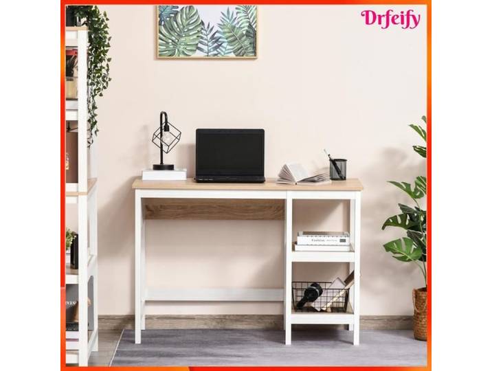 Bureau informatique - AKOZON - 6650 - 110x48x76 cm - 2 étagères latérales - Chêne clair/Blanc - MDF E1
