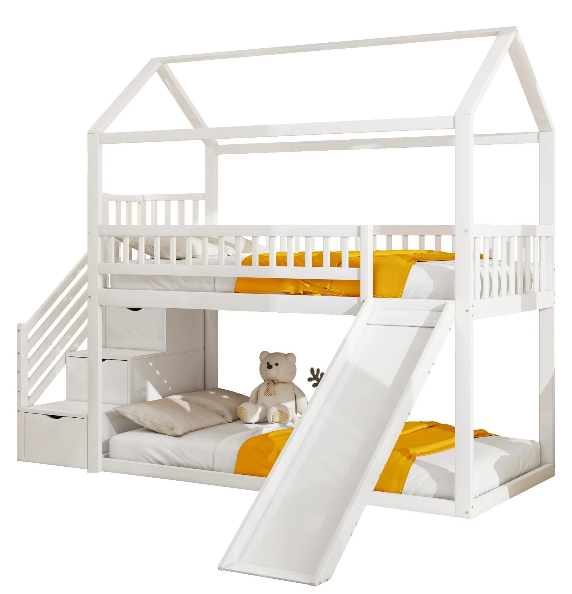 Kinderbett aus Massivholz - Etagenbett - 90 x 200 cm - Rutsche - Stauraum - Leiter - Weiß