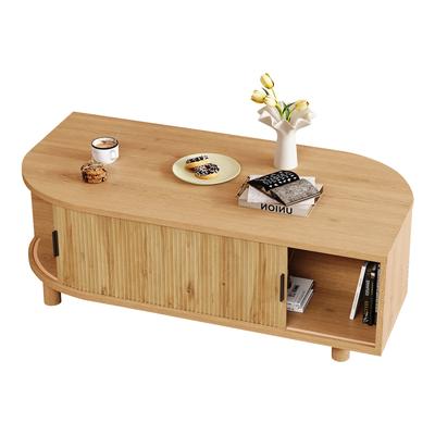 Merax Couchtisch 100 x 50 cm mit 2 Schiebetüren, Stauraum, vertikaler Rillenoptik und Holzbeinen, Naturholzoptik