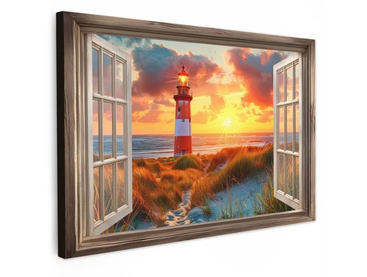 LEINWANDBILD Aussicht - Fenster - Leuchtturm - Sonnenuntergang - Strand Gemälde 60x40 cm