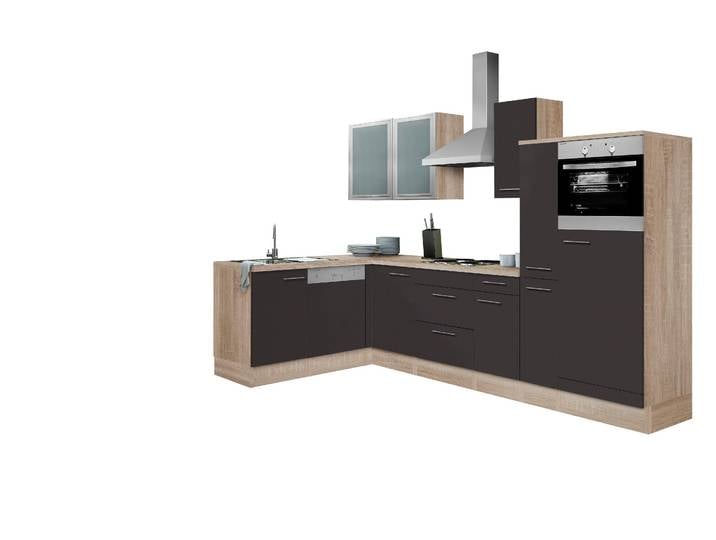 Winkelküche OPTIFIT Kalmar , grau (küche: grau, korpus: eichefarben hell, arbeitsplatte: eichefarben hell), B:300cm T:60cm, Komplettküchen-Sets, Stellbreite 300x175 cm, wahlweise mit E-Geräten, mit Arbeitsplatte