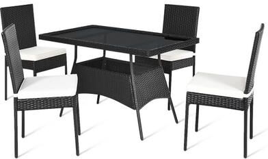 Costway 5 Pieces Outdoor Patio Rattan Dining Set with Glass Top with Cushions