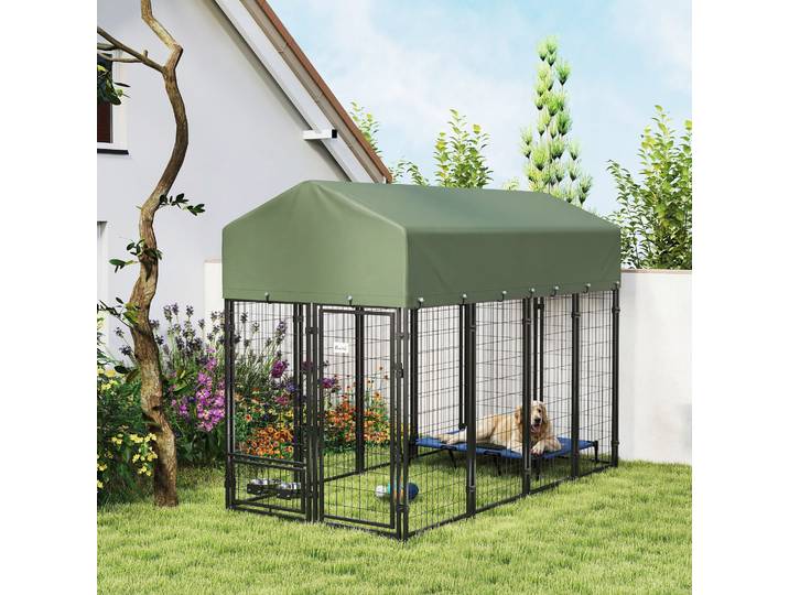 PawHut Enclos Chien Acier Extérieur Toit Oxford Vert 2 Bols