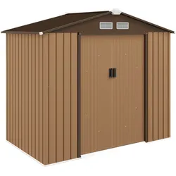 OKWISH Gerätehaus aus Stahl Braun 213x130x185 cm, wetterfest, mit Bodenrahmen, 2 Schiebetüren und Belüftungsöffnungen