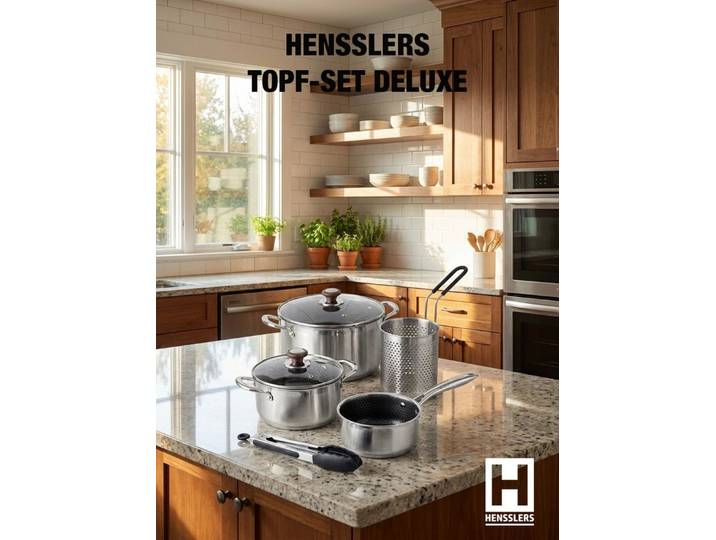 HENSSLERS Kochtopf HENSSLERS Edelstahl-Topf-Set inkl. Grillzange & Pastasieb, Edelstahl (Set, 7-tlg)