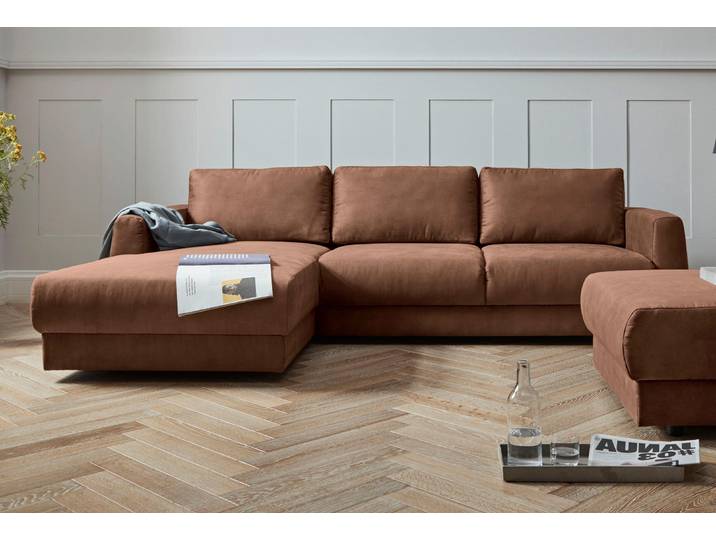 Ecksofa, Luxus-Microfaser Lederoptik, Cognac, 264×175 cm, Modern, andas