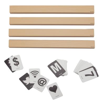 Securit® 4er-Set Regale - Teak lackiertes Holz - 169 beidseitige Karten mit Buchstaben, Zahlen und Symbolen - 25 cm/Regal