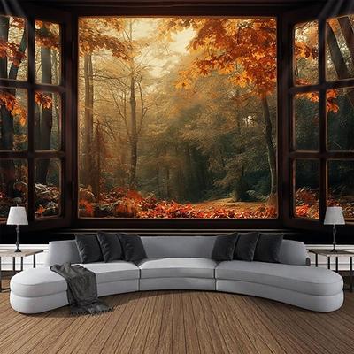Herbst-Wandteppich zum Aufhängen, Herbst-Ahorn-Nebelwald, Fenster, Elch, Ahornblatt, natürliche Landschaft, Wohnzimmer, Schlafzimmer, Bauernhof, Urlaub, Party-Dekoration Wandtuch XXL Natur