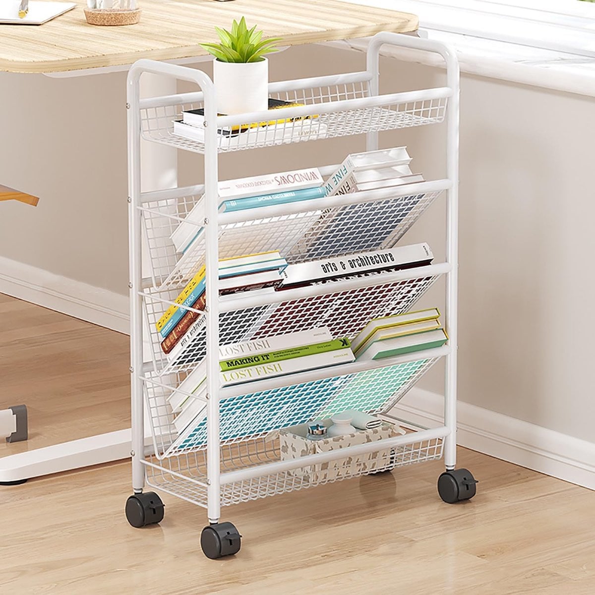 Boekenplank Trolley Wit - Verrijdbaar Tijdschriftenrek met 5 Lagen voor Organisatie