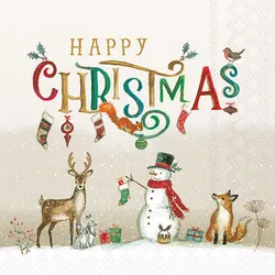 Ambiente 20 Servietten Papier 33x33cm 3-lagig - hochwertige Einweg Papierservietten mit Happy Christmas Motiv - Schneemann Reh & Hase - Weihnachtsservietten