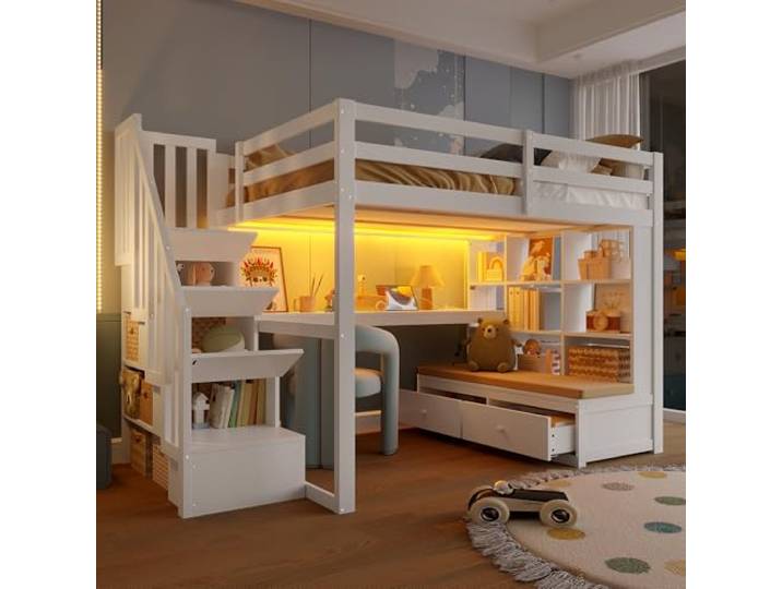 BTM Hochbett 140x200 mit Schreibtisch, Regal, Holz Hochbett mit Schubladen, Stauraumtreppe, Kinderhochbett mit Treppe, Weiß