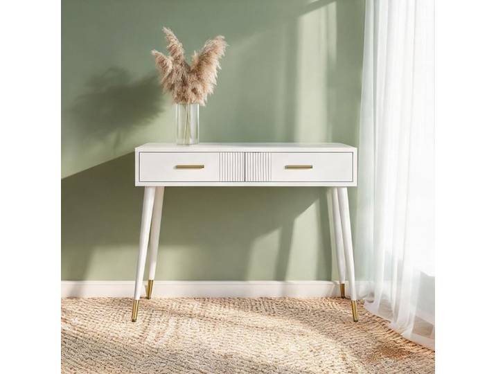 Coiffeuse blanche 100x40x76 cm avec 2 tiroirs plateau MDF et piètement métal doré