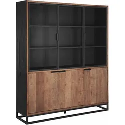 Vitrinenschrank Cosmo aus Teak, Industrial Design, natur, Metallgestell in Schwarz, 3 Türen