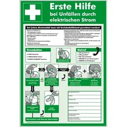 Schild I Aushang Erste Hilfe bei Unfällen durch elektrischen Strom, Kunststoff, 395x575mm