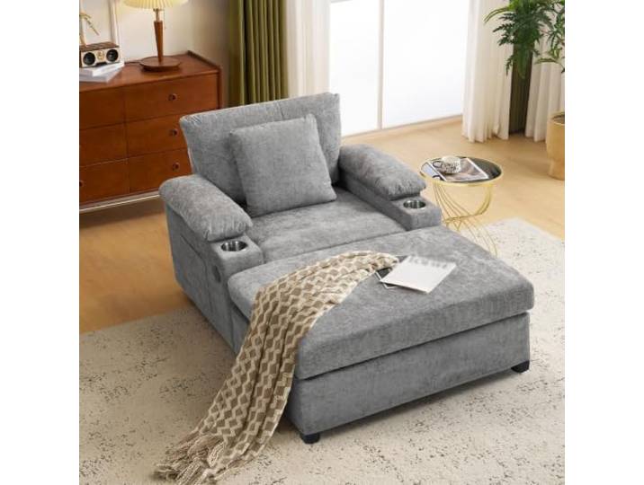 RAPRAP Sofa Sessel mit Hocker, atmungsaktiver Stoff, USB-Ladung Liegesessel mit Getränkehalter, 90°-Neigung, Schlaffunktion, Aufbewahrung, ergonomisch, für Wohnzimmer und Büro