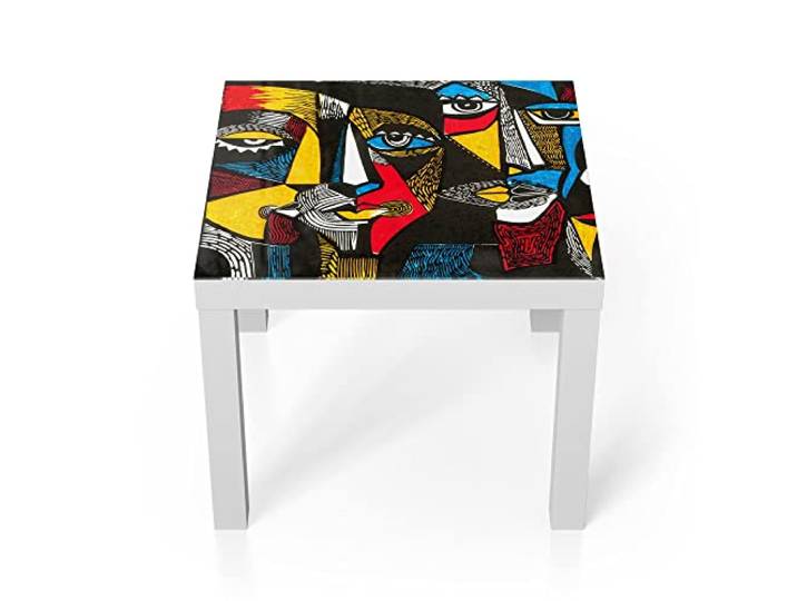 DEQORI Glastisch weiß klein 55x55 cm Motiv Linolschnitt Gesichter ausgefallener Beistelltisch aus Glas Hochglanz Couchtisch fürs Wohnzimmer moderner Couch Tisch mit Design