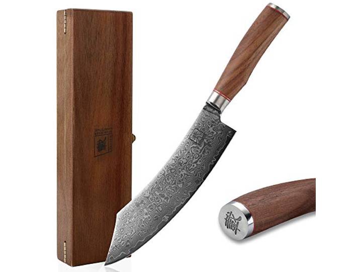zayiko Kurumi Blockmesser 20 cm aus 67 Lagen Damaststahl mit VG10-Stahlkern Ergonomischer Nussbaumholzgriff, beidseitiger 15° V-Schliff, als BBQ Fleischmesser für Steak und Grillgut, inklusive Holzbox