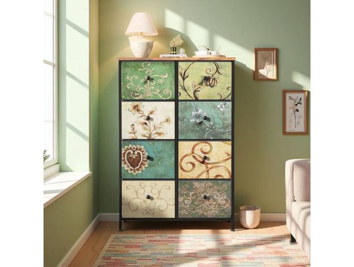 Commode à 8 Tiroirs Commode Chambre avec Cadre Acier et Tiroirs en Tissu Buffet de Style Bohémien avec Plateau Floral